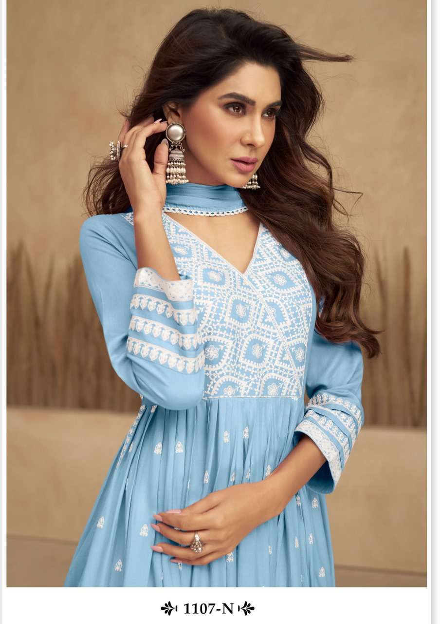 AADHRA VOL 5 LIGHT COLOR PURE RAYON LAKHNAWI WORK NAYRA CUT KURTI WITH COTTON PLAZZO AND DUPATTA BY S3FOREVER BRAND 1107 O C